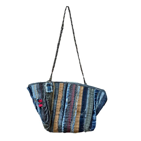 Upcycled Raw Edge Denim Scrap Crossbody Handbag Handmade Chain Boho Chic Hippy - Picture 2 of 10